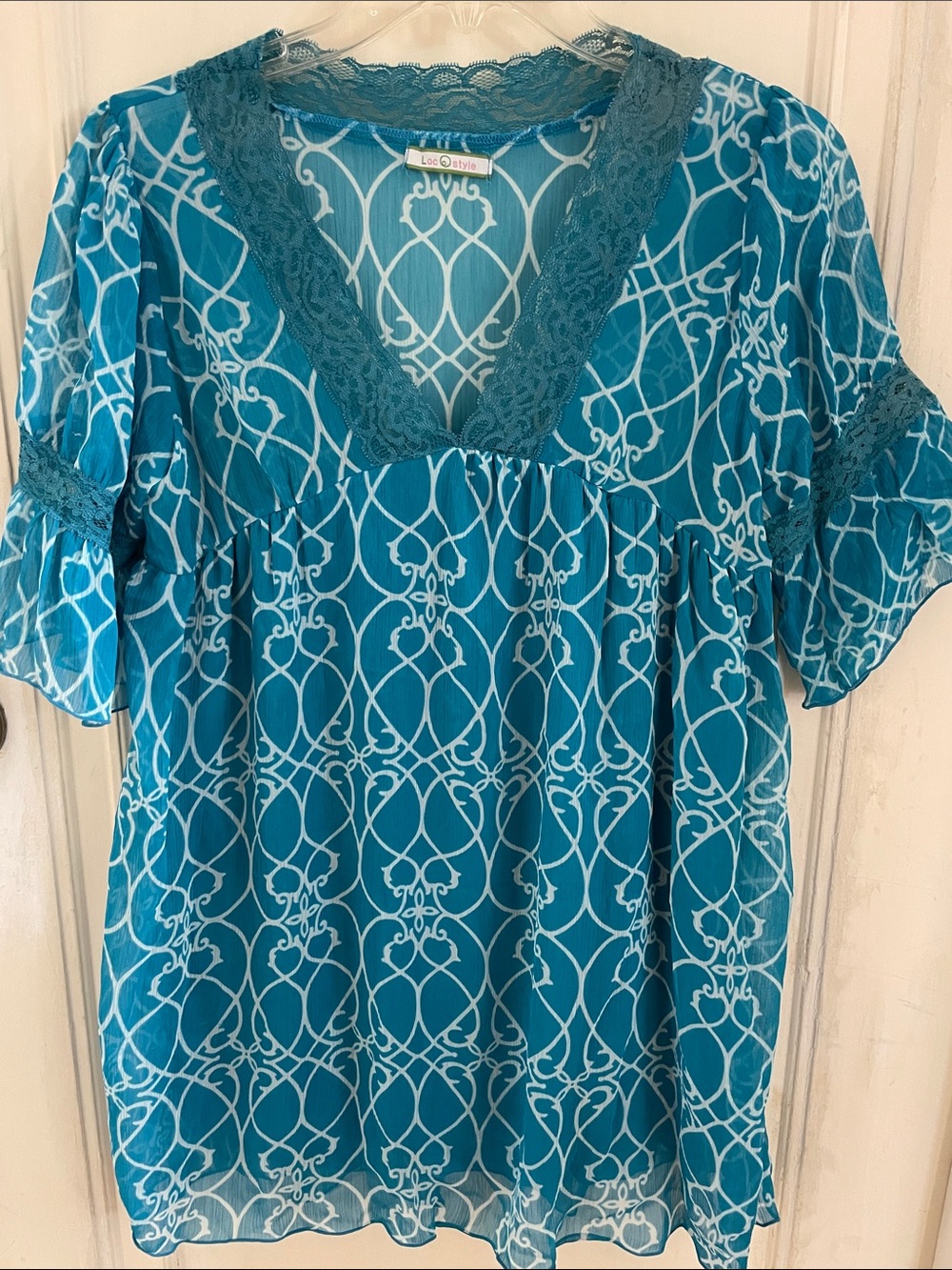 Teal Lace-Trim Printed V-Neck Blouse